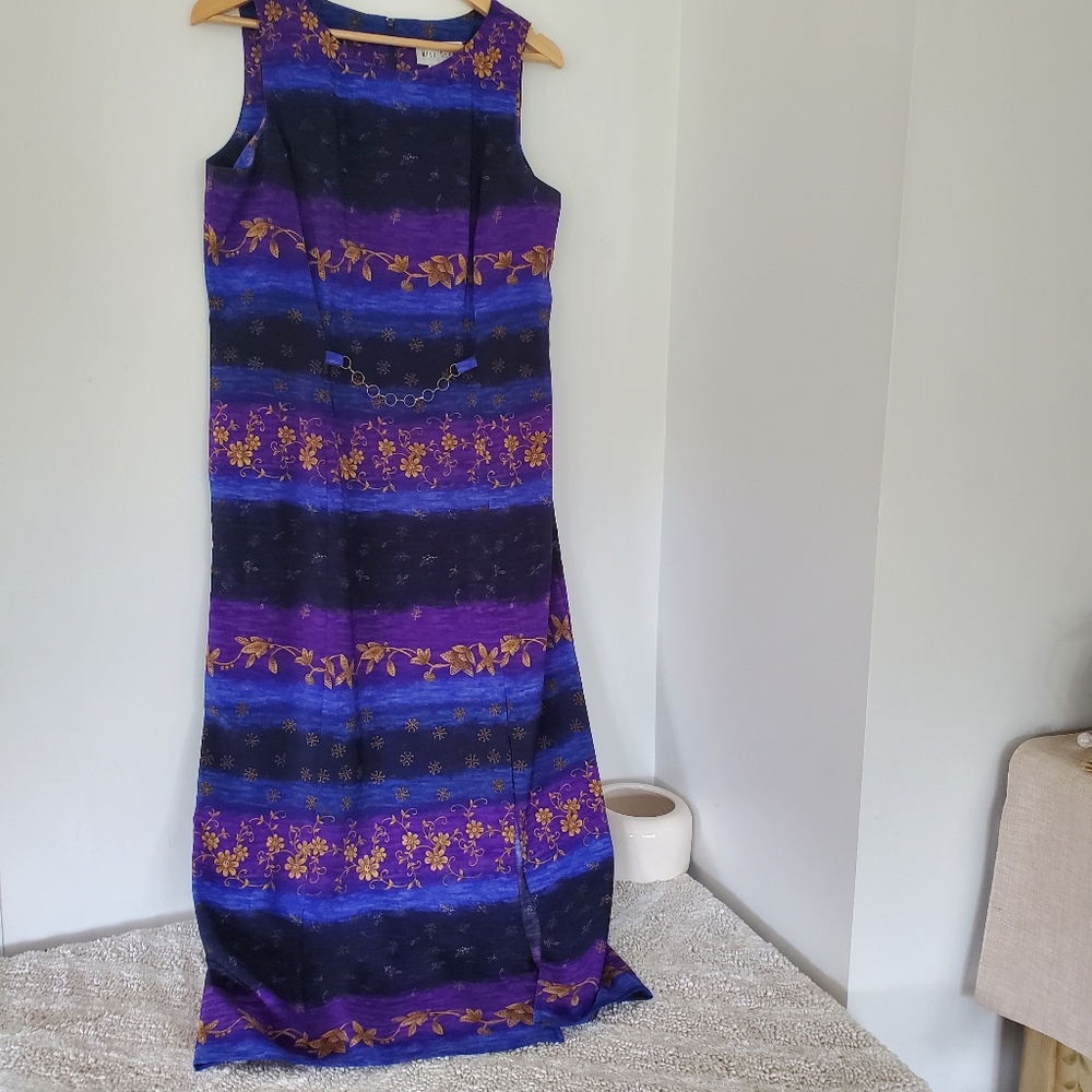 VTG 80s MISS DORBY Sz 14 Sleeveless Maxi Dress Purple Blue Gold Floral Soft Poly